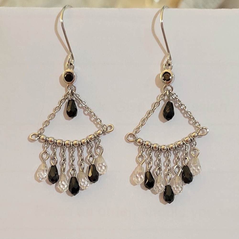 Sterling Silver Chandelier Earrings w/Black & Clear Crystal Drops. Nickel Free